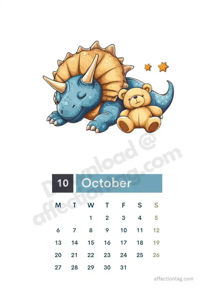 Free 2025 Dinosaur Calendar | Start Your Prehistoric Adventure 11 Free 2025 dinosaur calendar with a sleeping dinosaur and teddy bear under a night sky. ©affectiontag.com