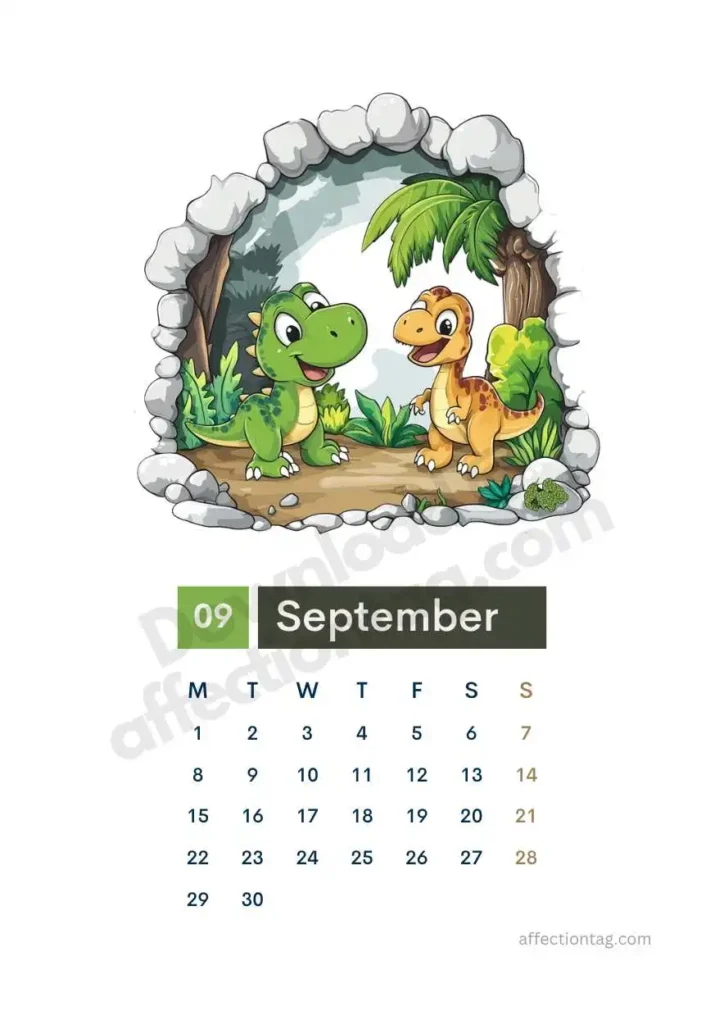Free 2025 Dinosaur Calendar | Start Your Prehistoric Adventure 10 Free 2025 dinosaur calendar featuring two playful dinosaurs in a jungle setting. ©affectiontag.com