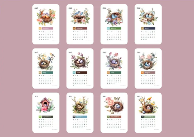 A complete view of the 2025 Bird Nest Calendar featuring twelve beautifully illustrated months. Each month showcases a unique bird nest design with vibrant flowers, seasonal birds, and decorative elements, perfect for nature lovers. ©affectiontag.com