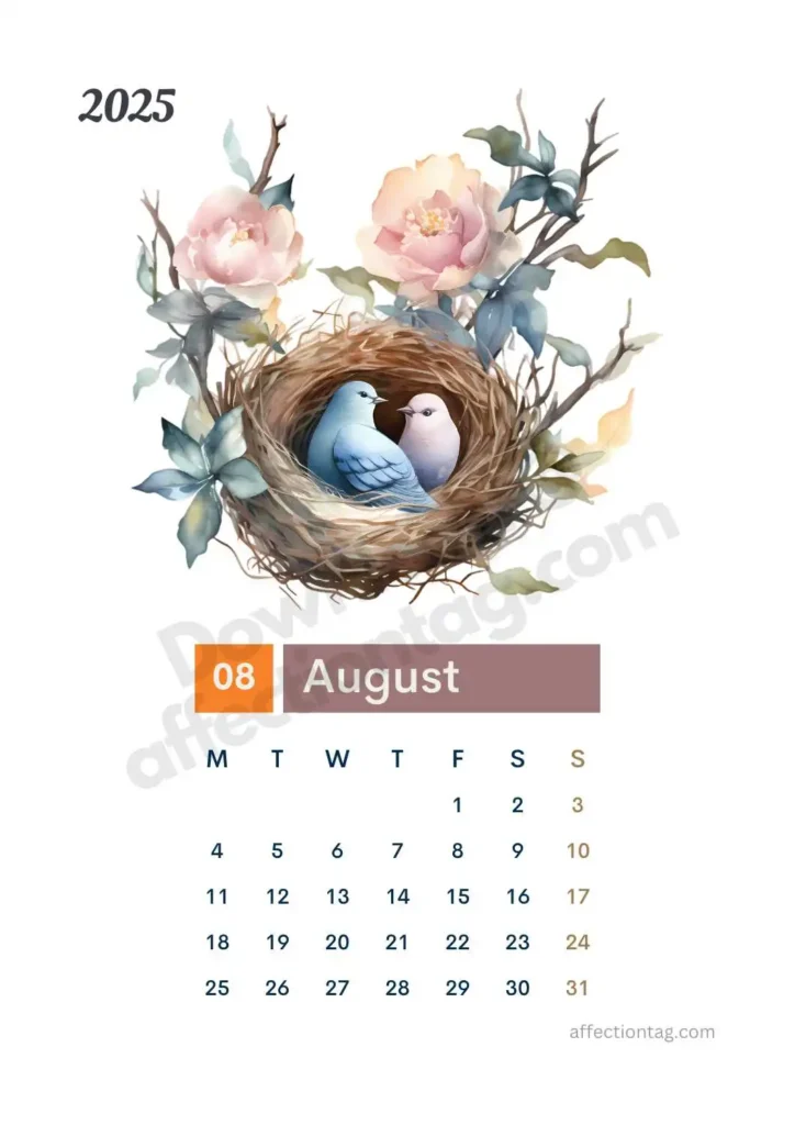 August 2025 Bird Nest Calendar displaying pastel birds in a nest encircled by soft pink and white peonies. ©affectiontag.com