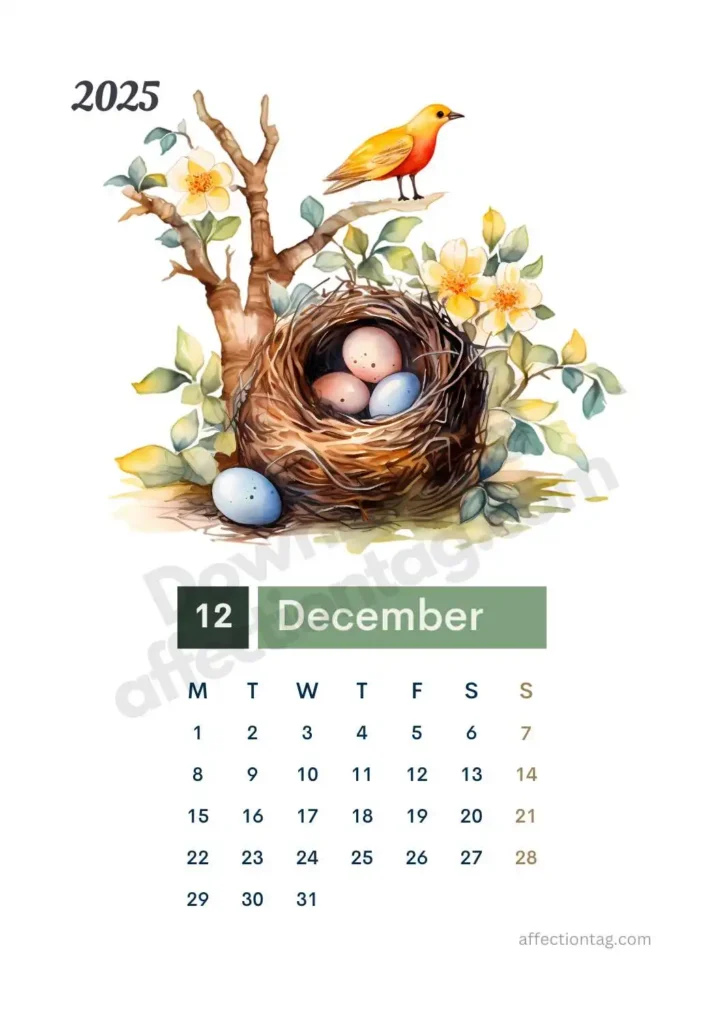 December 2025 Bird Nest Calendar featuring a vibrant bird perched next to a nest filled with colorful eggs and winter blossoms. ©affectiontag.com