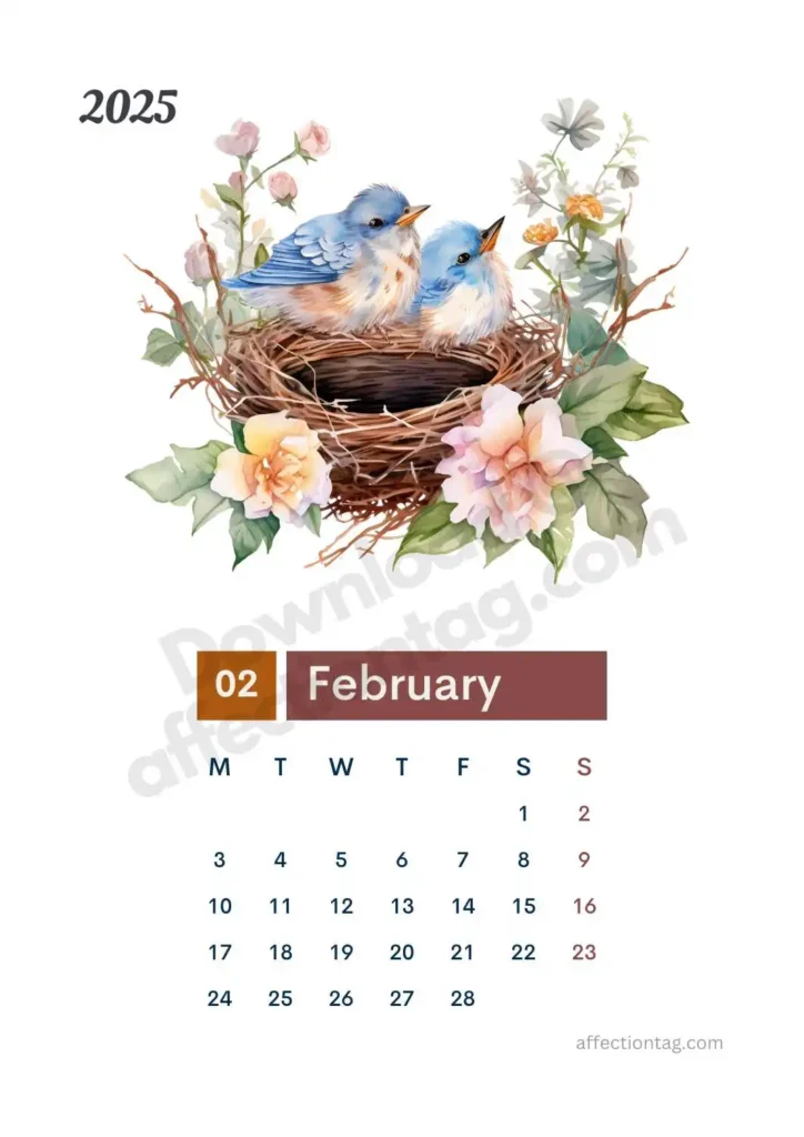 February 2025 Bird Nest Calendar with two bluebirds resting in a nest adorned with blooming flowers. ©affectiontag.com