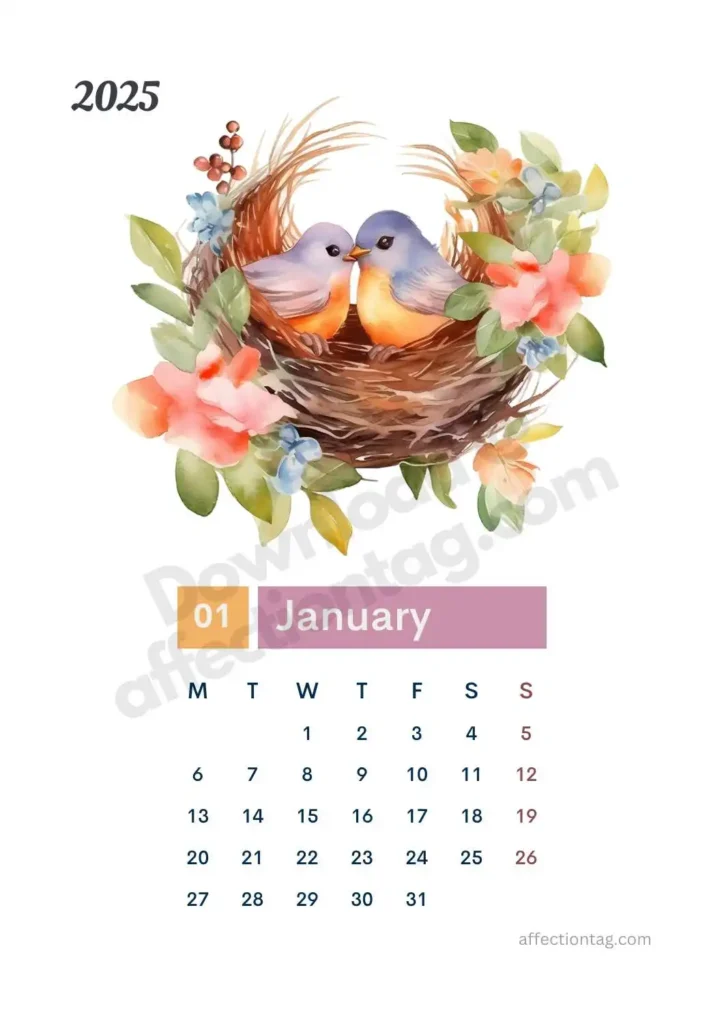 January 2025 Bird Nest Calendar featuring a pair of birds in a cozy nest surrounded by vibrant flowers. ©affectiontag.com