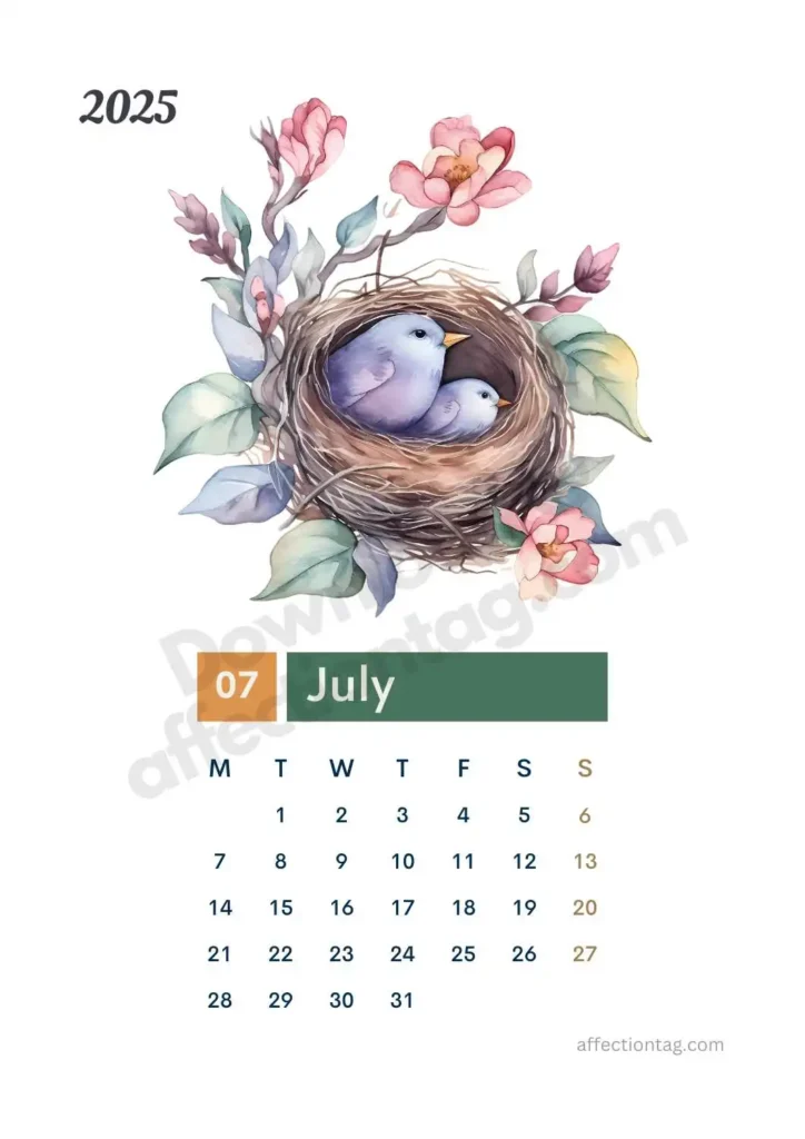 July 2025 Bird Nest Calendar featuring a pair of purple birds nesting among vibrant summer flowers. ©affectiontag.com