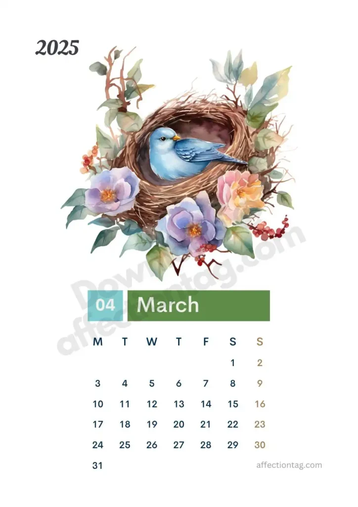 March 2025 Bird Nest Calendar showcasing a bluebird in a nest surrounded by spring flowers and greenery. ©affectiontag.com