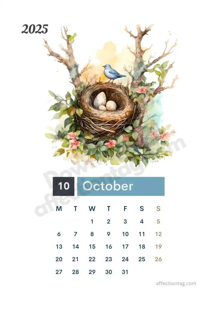 October 2025 Bird Nest Calendar featuring a serene illustration of a bluebird resting on a nest surrounded by vibrant green foliage and blooming flowers. ©affectiontag.com