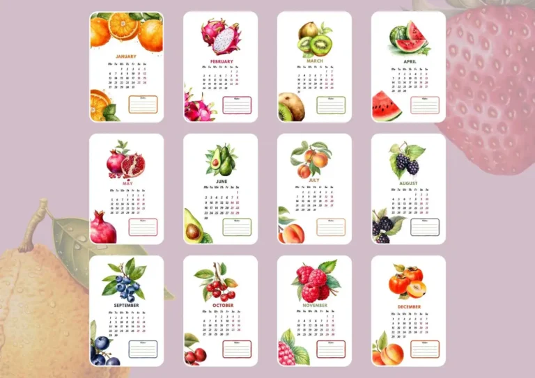 2025 Fruits Calendar featuring a collection of beautifully illustrated fruits for each month, including oranges, dragon fruits, kiwis, watermelons, pomegranates, avocados, peaches, blackberries, blueberries, cherries, raspberries, and persimmons, designed for an organized and vibrant year ©affectiontag.com