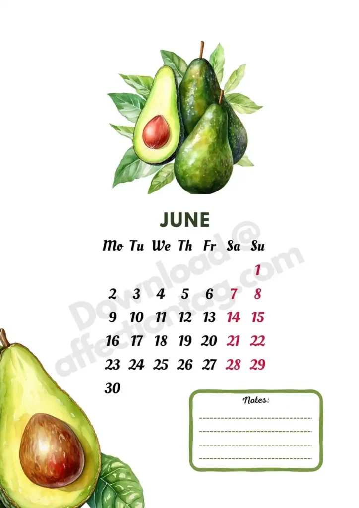 2025 June Fruits Calendar featuring creamy and nutritious avocados, perfect for summer salads ©affectiontag.com