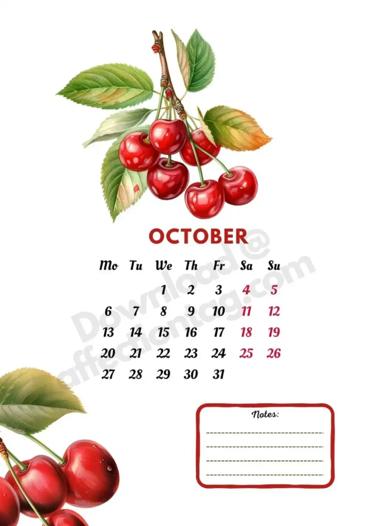 2025 October Fruits Calendar highlighting bright and sweet cherries, adding color to autumn days ©affectiontag.com