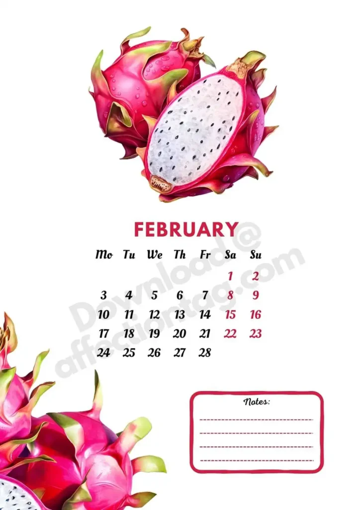 2025 February Fruits Calendar showcasing exotic and vibrant dragon fruits, adding a tropical touch to the month ©affectiontag.com