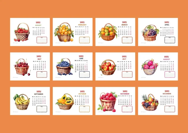 2025 Fruits Calendar Landscape showcasing a year-round design with vibrant fruit basket illustrations for each month, providing an organized and aesthetic view. Designed by affectiontag.com©.