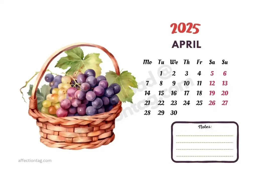 2025 calendar for April displaying a basket of mixed grapes. Perfect fruit-themed calendar design for nature lovers. ©affectiontag.com