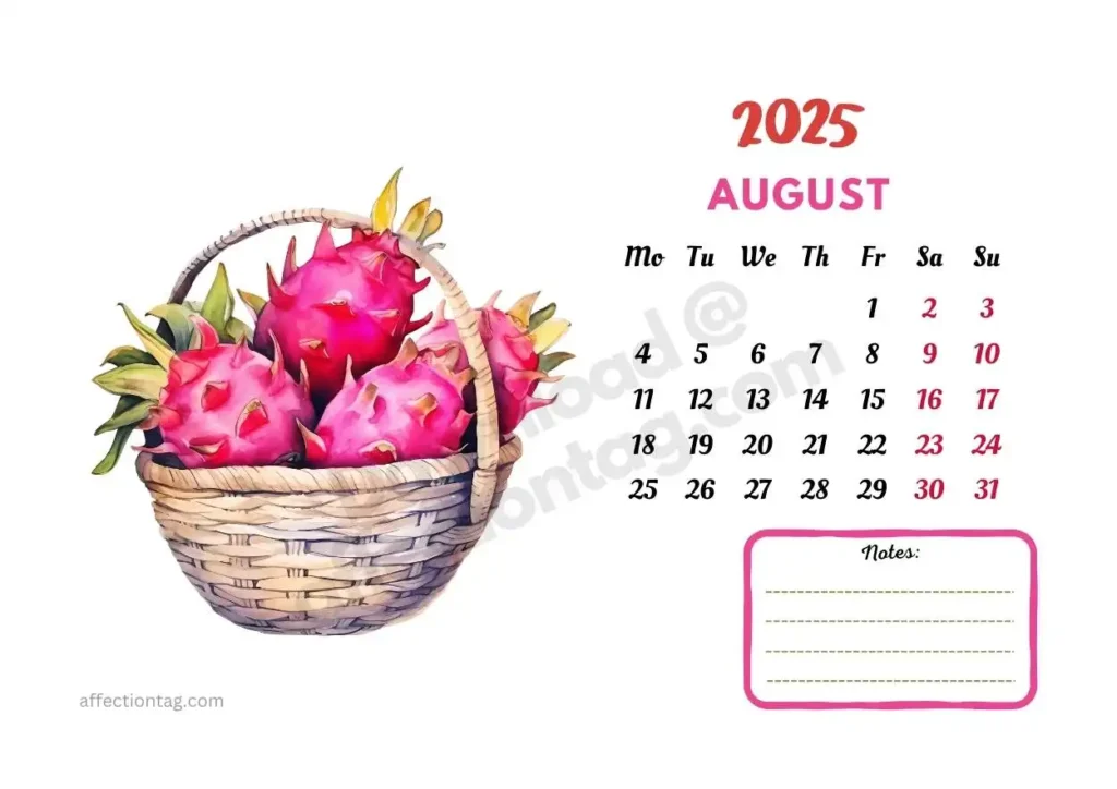 August 2025 calendar with a basket of vibrant dragon fruits. A unique fruit-themed calendar page. ©affectiontag.com