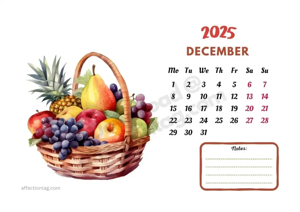 2025 calendar for December featuring a festive basket of assorted fruits. A cheerful fruit-themed calendar design. ©affectiontag.com