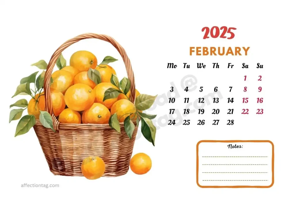 2025 calendar for February with a basket of juicy oranges. A visually appealing fruit-themed calendar page. ©affectiontag.com