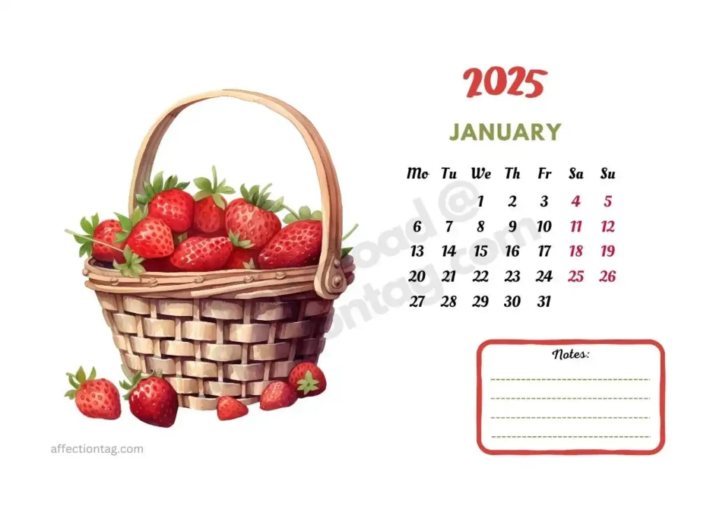 2025 calendar for January featuring a basket of fresh strawberries. A printable fruit-themed calendar design. ©affectiontag.com