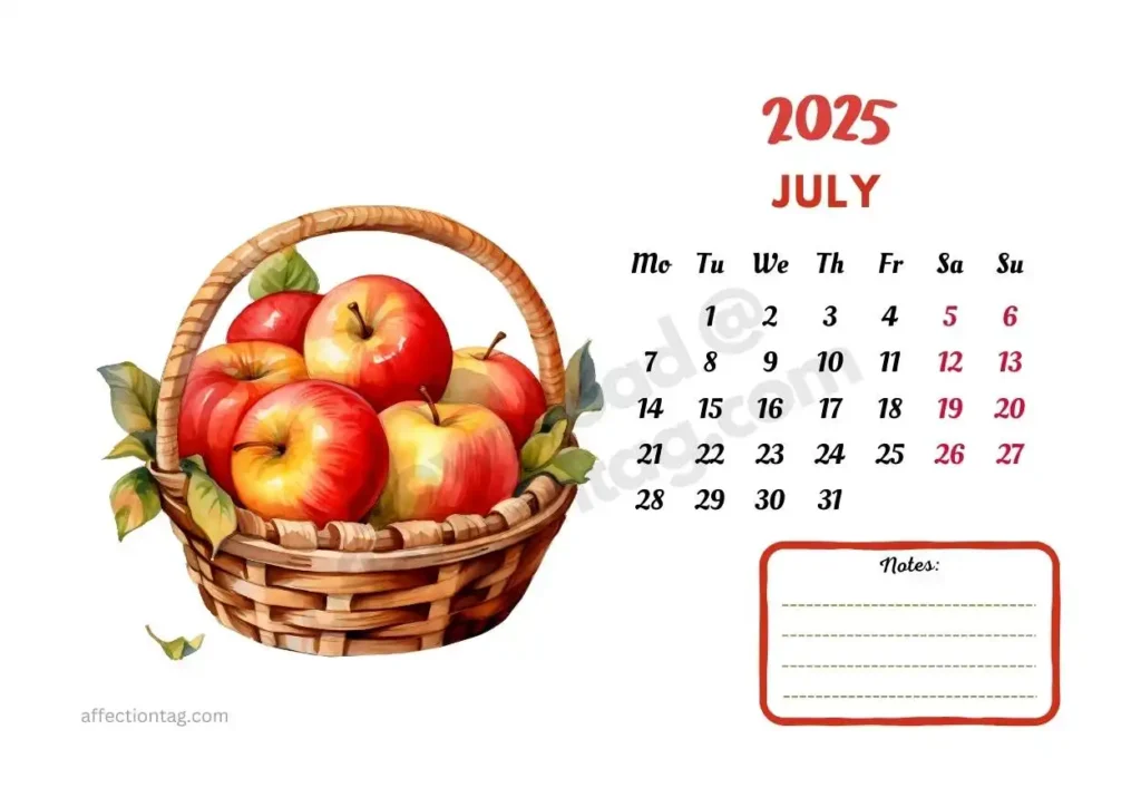 2025 July calendar featuring a basket of fresh, vibrant apples with room for notes at the bottom. Designed by affectiontag.com©.