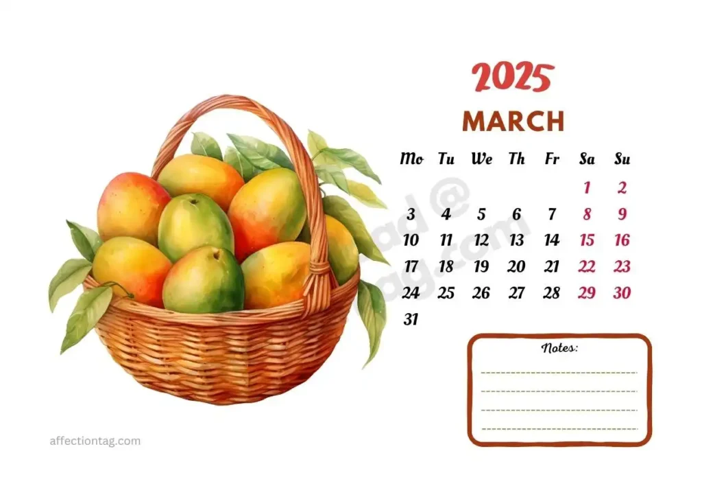 March 2025 calendar showcasing a basket of ripe mangoes. Ideal fruit-themed printable calendar design. ©affectiontag.com