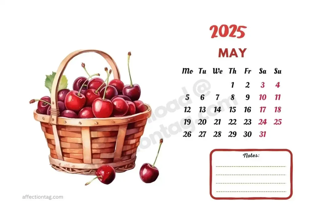 May 2025 calendar featuring a basket of fresh cherries. A delightful fruit-themed calendar layout. ©affectiontag.com