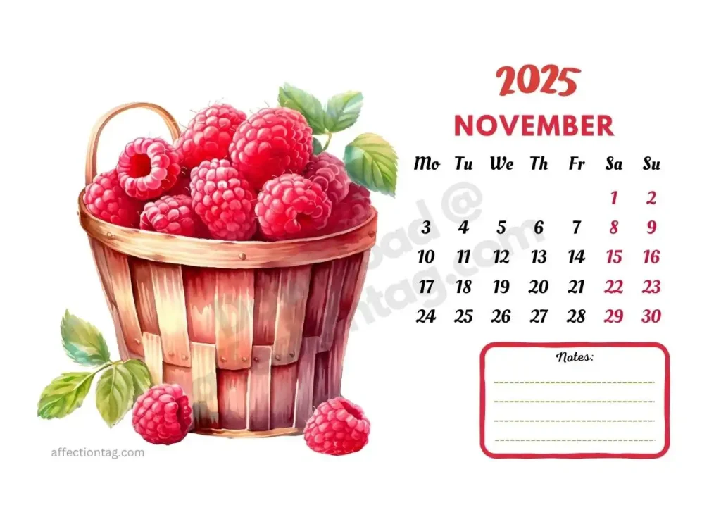 November 2025 calendar with a basket of luscious raspberries. A stunning fruit-themed calendar page. ©affectiontag.com