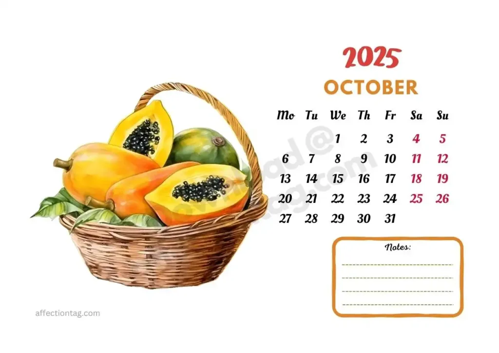 October 2025 calendar showcasing a basket of fresh papayas. A refreshing fruit-themed calendar design. ©affectiontag.com