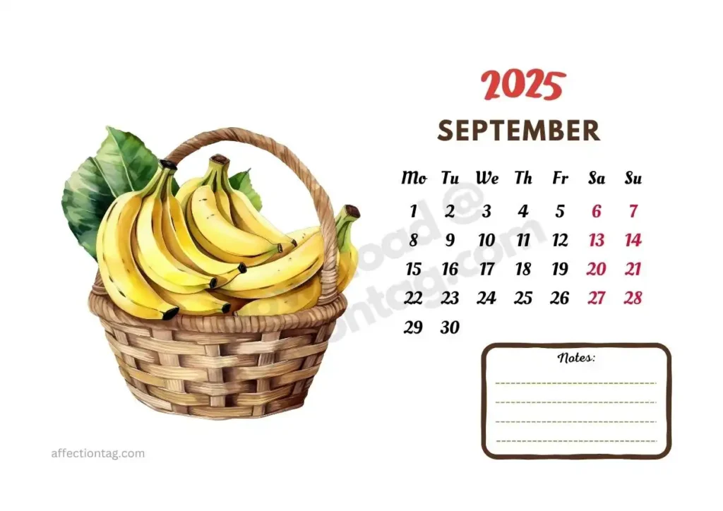 2025 calendar for September featuring a basket of ripe bananas. A beautifully designed fruit-themed calendar. ©affectiontag.com