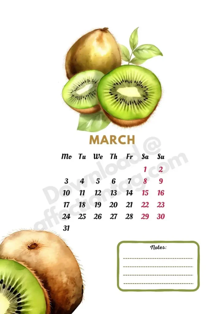 2025 March Fruits Calendar highlighting juicy and delicious kiwis, perfect for welcoming the spring season ©affectiontag.com