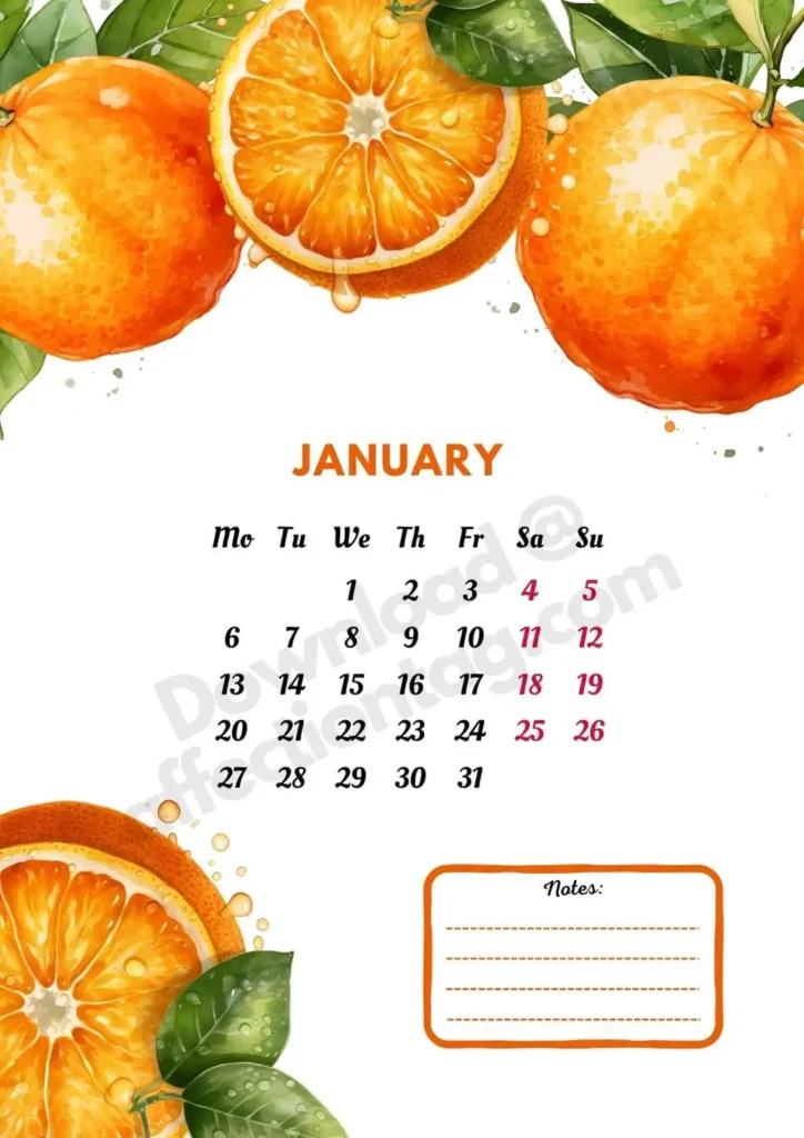 2025 January Fruits Calendar featuring fresh and vibrant oranges, designed for a healthy and organized start to the year ©affectiontag.com