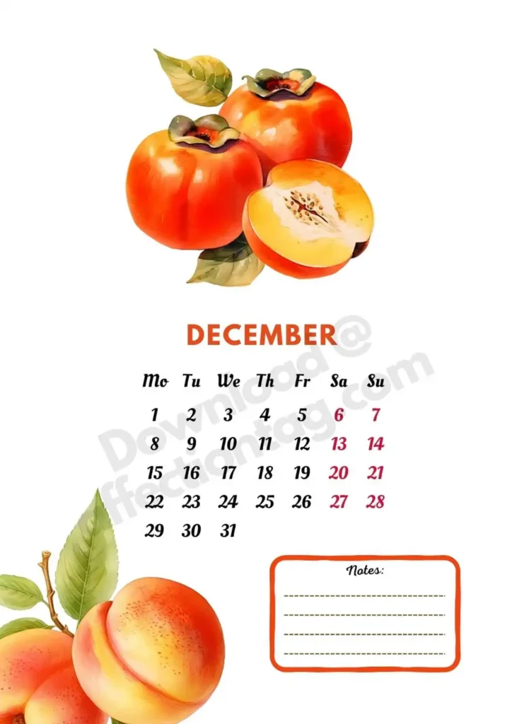 2025 December Fruits Calendar featuring sweet and festive persimmons, ideal for the holiday season ©affectiontag.com