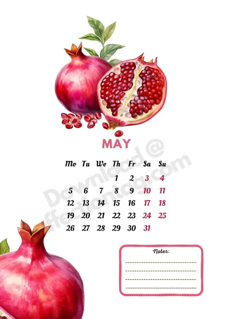 2025 May Fruits Calendar showcasing vibrant red pomegranates, symbolizing abundance and health ©affectiontag.com