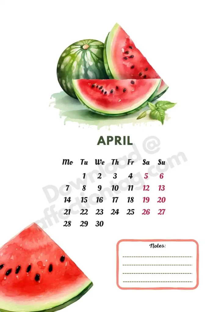 2025 April Fruits Calendar featuring refreshing and juicy watermelons, ideal for warm spring days ©affectiontag.com