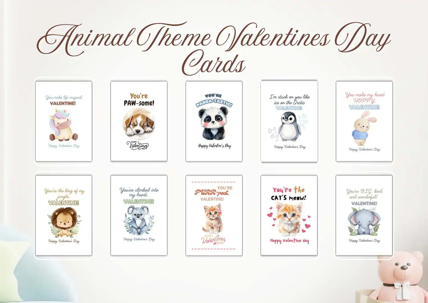 Animal Theme Valentine's Day Cards: A collection of adorable animal-themed Valentine's Day cards featuring designs of a unicorn, puppy, panda, penguin, bunny, lion, koala, kitten, and elephant with heartwarming messages.