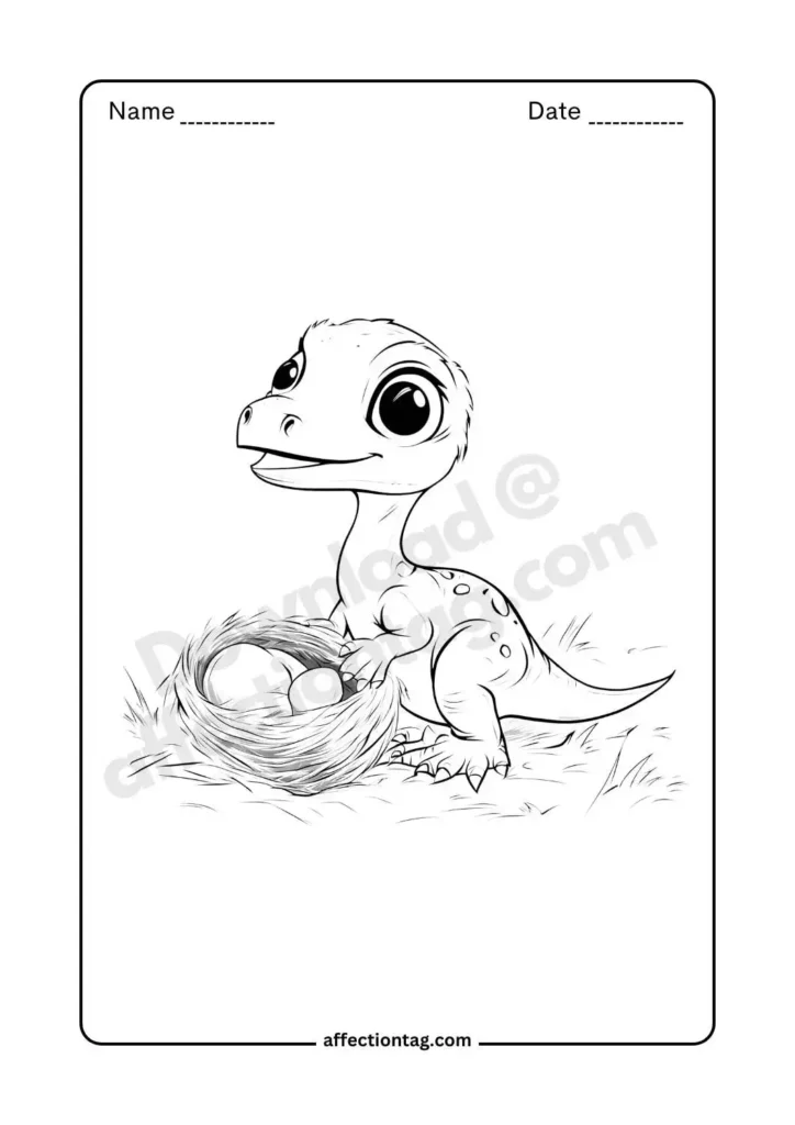 Free Printable Dinosaur Coloring Pages for Kids - Fun & Educational Activities 5 A newly hatched baby dinosaur peeking out from its nest, a fun coloring activity for children. ©affectiontag.com