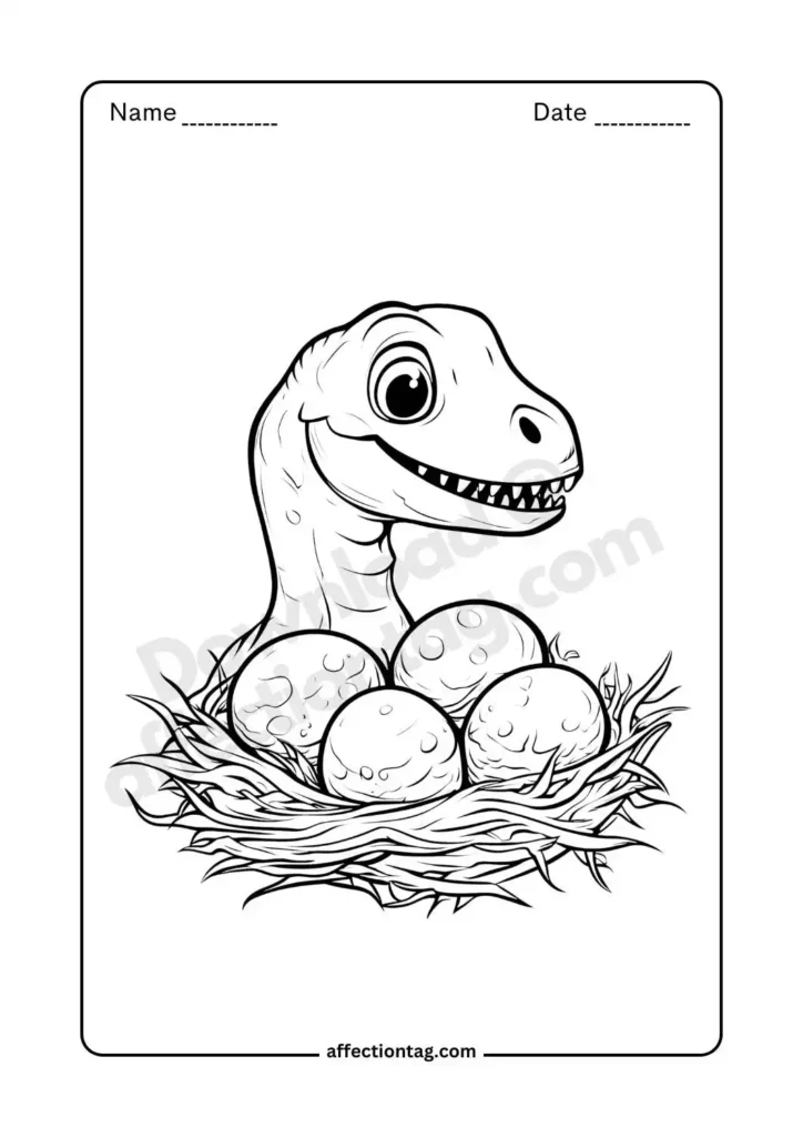 Free Printable Dinosaur Coloring Pages for Kids - Fun & Educational Activities 4 A baby dinosaur sitting beside its eggs in a nest, creating a prehistoric theme for coloring. ©affectiontag.com