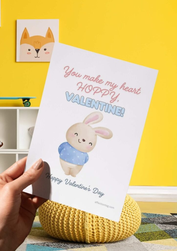 A smiling bunny in a blue polka-dot sweater with the text "You make my heart HOPPY, Valentine! Happy Valentine's Day."