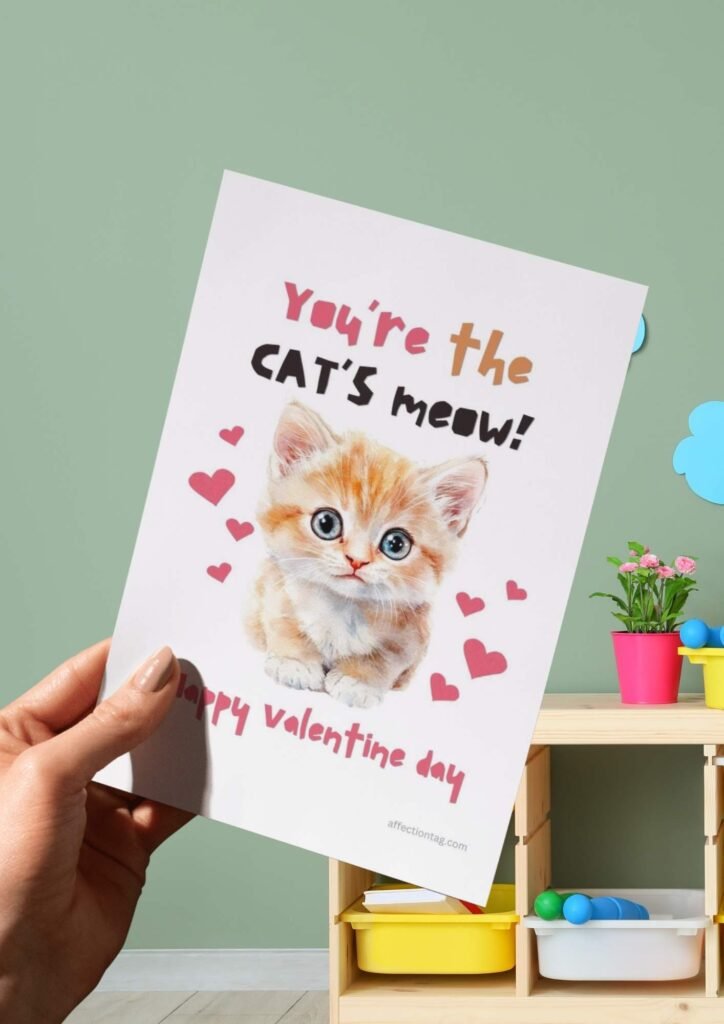 An adorable orange kitten with hearts and the text "You're the CAT'S meow! Happy Valentine’s Day."