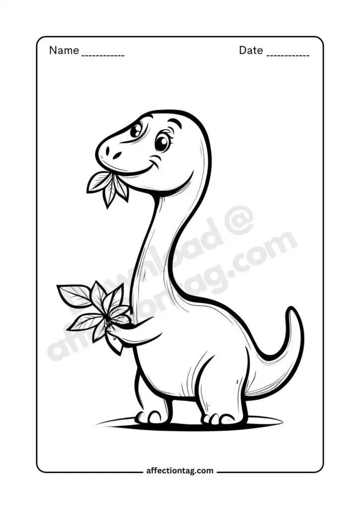 Free Printable Dinosaur Coloring Pages for Kids - Fun & Educational Activities 35 A friendly, smiling brontosaurus munching on leaves, showing its herbivore nature. A fun and simple coloring page for kids. 🌿🦕 Dinosaur coloring pages ©affectiontag.com