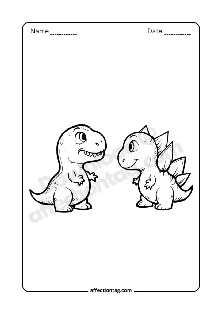 Two adorable dinosaur friends standing together, showcasing a fun and friendly prehistoric world. Great for kids who love dinosaurs! 🦕🦖 Dinosaur coloring pages ©affectiontag.com