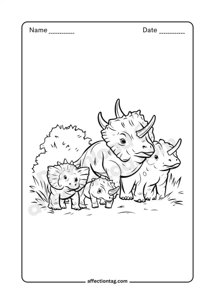  A triceratops family in a natural setting, showcasing a mother and her little ones. A lovely coloring page for dinosaur-loving kids. 🦕👨‍👩‍👧 Dinosaur coloring pages ©affectiontag.com