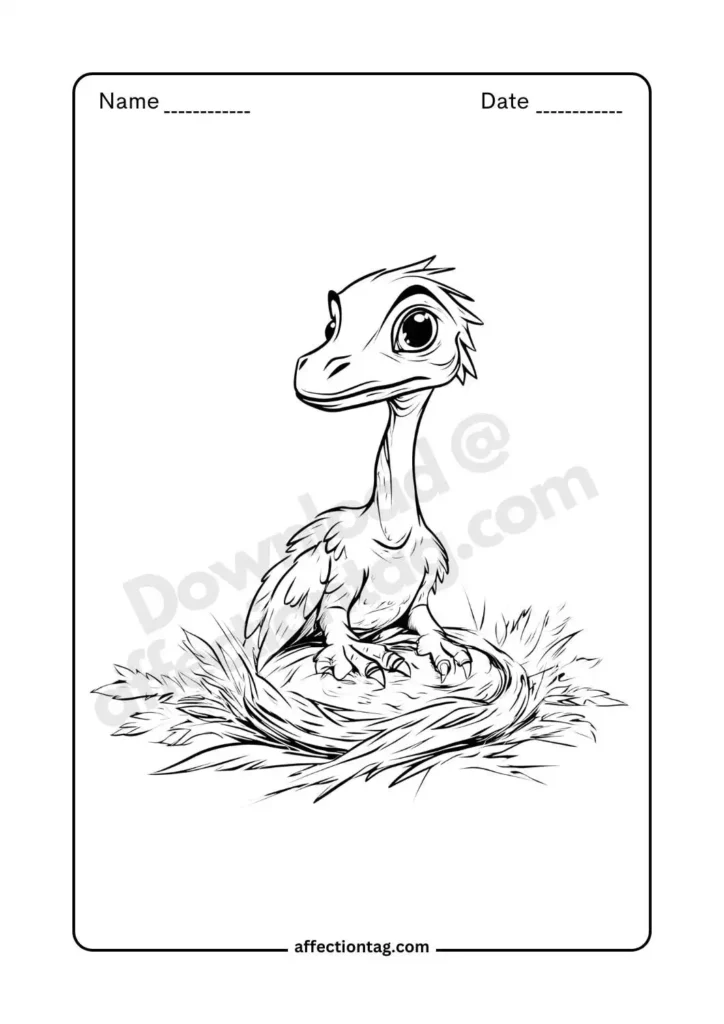  An adorable feathered baby dinosaur sitting in a cozy nest, waiting to hatch. Ideal for young artists who enjoy cute dinosaurs. 🦖✨ Dinosaur coloring pages ©affectiontag.com