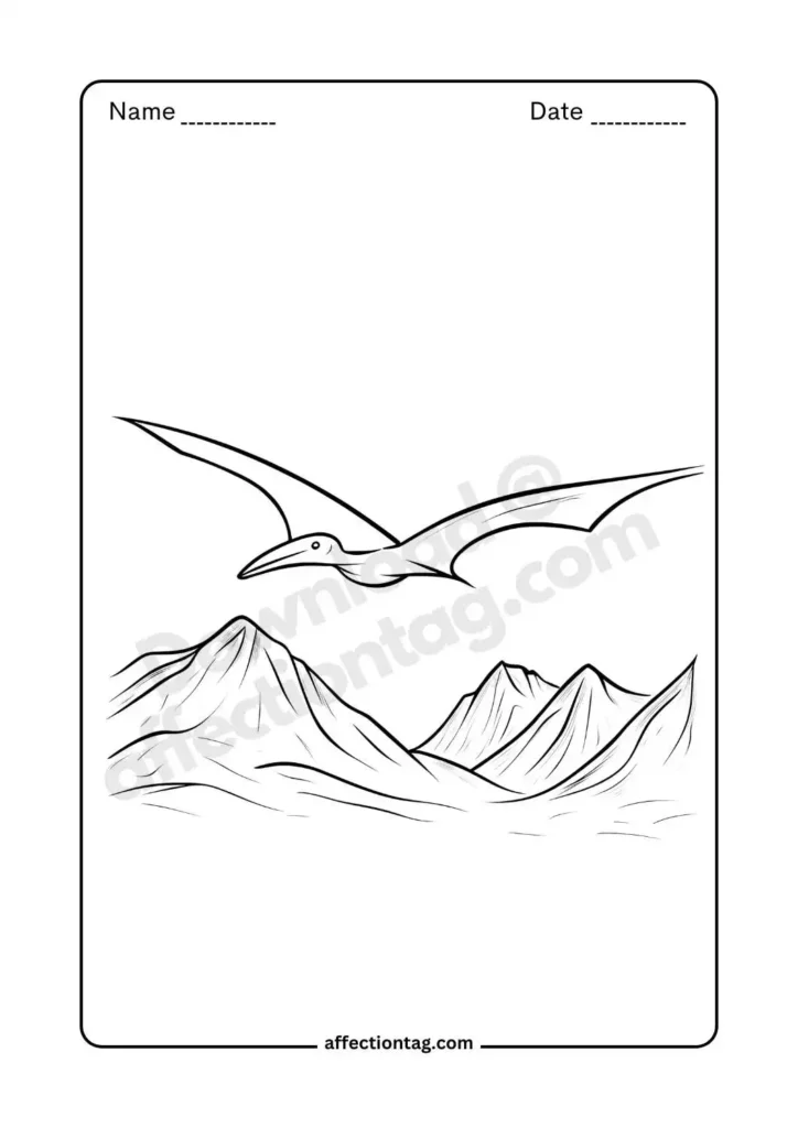  A majestic pterodactyl soaring above mountains, ready to explore the Jurassic skies. A great coloring sheet for dinosaur lovers. 🦅🏔️ Dinosaur coloring pages ©affectiontag.com