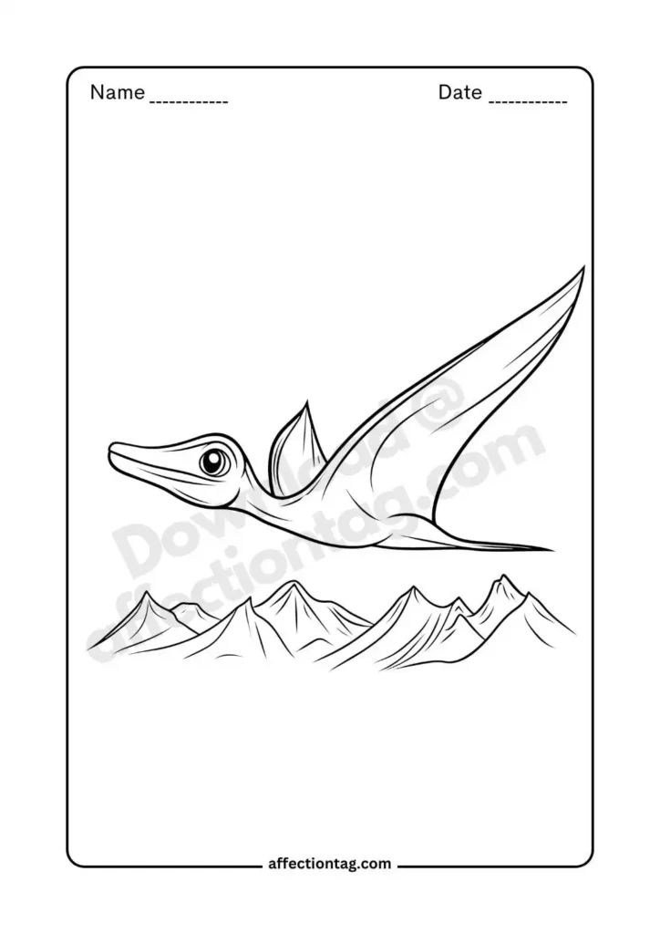 A prehistoric pterosaur gliding over towering mountains, capturing the beauty of flying dinosaurs. Fun and engaging for kids! 🌄🦖 Dinosaur coloring pages ©affectiontag.com