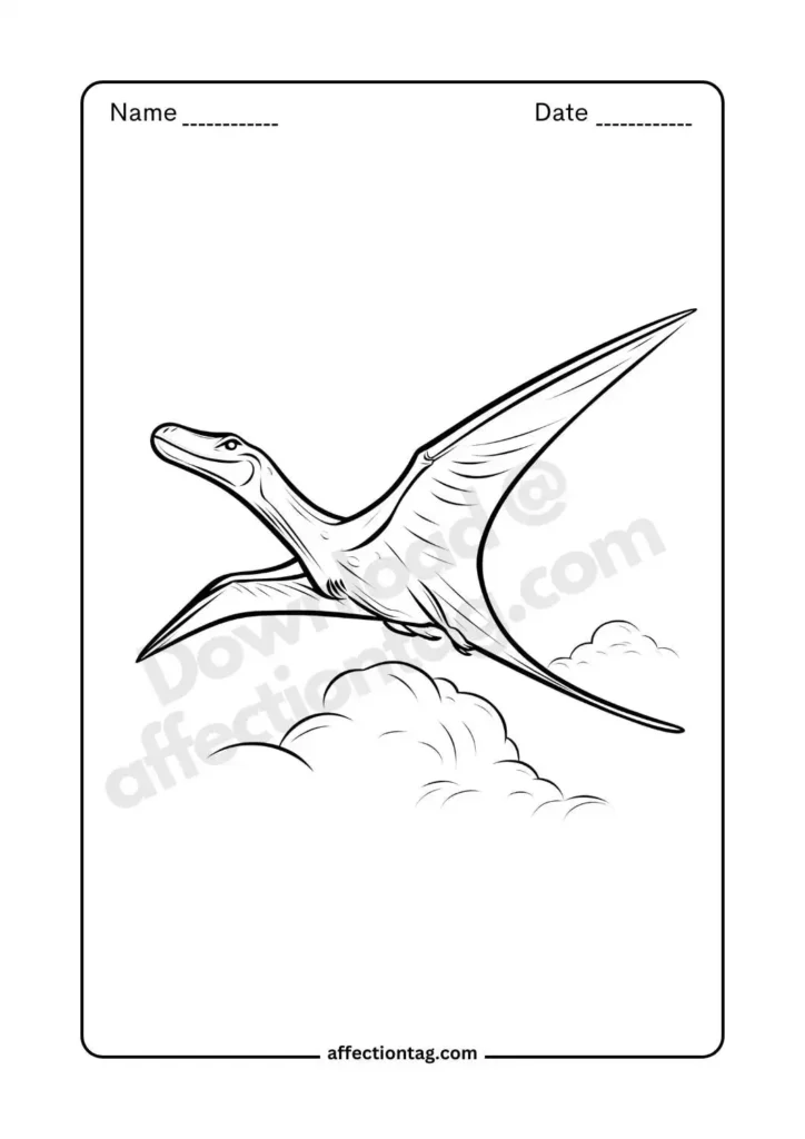 Free Printable Dinosaur Coloring Pages for Kids - Fun & Educational Activities 26 A graceful flying dinosaur navigating the skies, soaring through soft clouds. A perfect activity for young dinosaur enthusiasts. ☁️🦕 Dinosaur coloring pages ©affectiontag.com