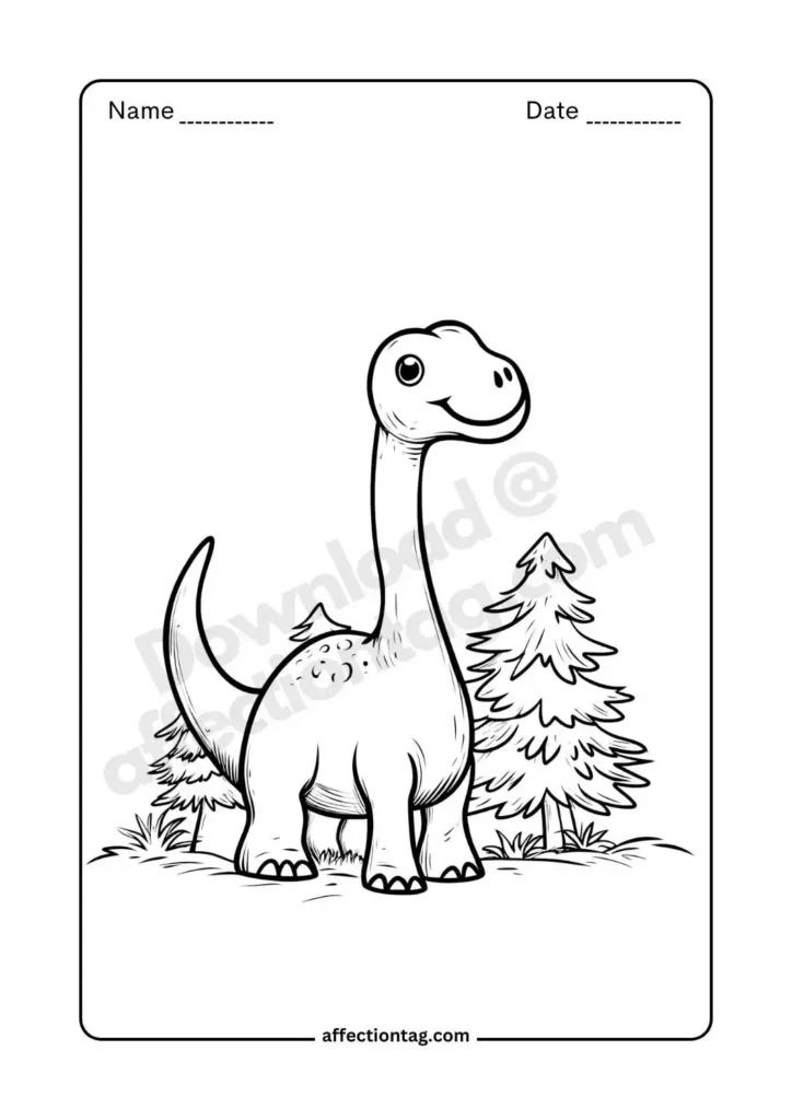 Free Printable Dinosaur Coloring Pages for Kids - Fun & Educational Activities 23 A delightful long-neck dinosaur standing beside trees, a must-have for dinosaur coloring pages enthusiasts. ©affectiontag.com