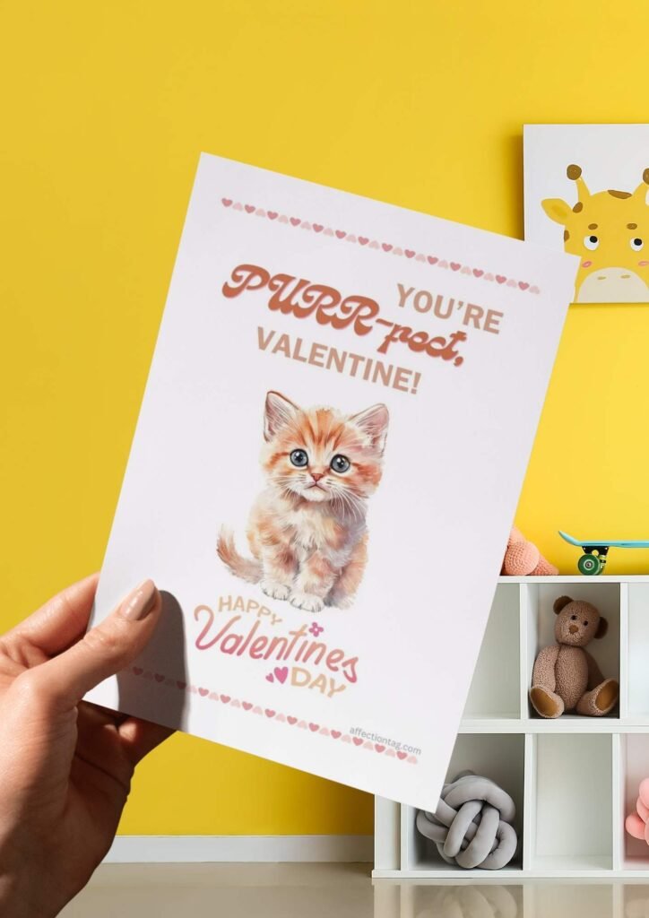 A sweet orange kitten with the text "You're PURR-fect, Valentine! Happy Valentine's Day" surrounded by decorative hearts.