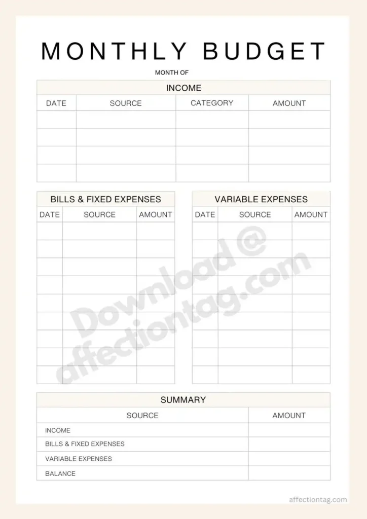  Minimalist monthly budget planner featuring sections for income, expenses, bills, and summary totals. Ideal for simple and effective financial planning. ©affectiontag.com