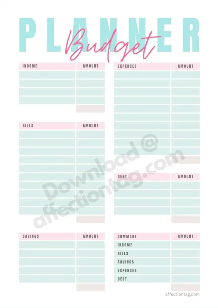 Modern monthly budget planner with pastel color accents and well-organized sections for income, fixed expenses, variable expenses, and summary. Perfect for contemporary budgeting needs. ©affectiontag.com