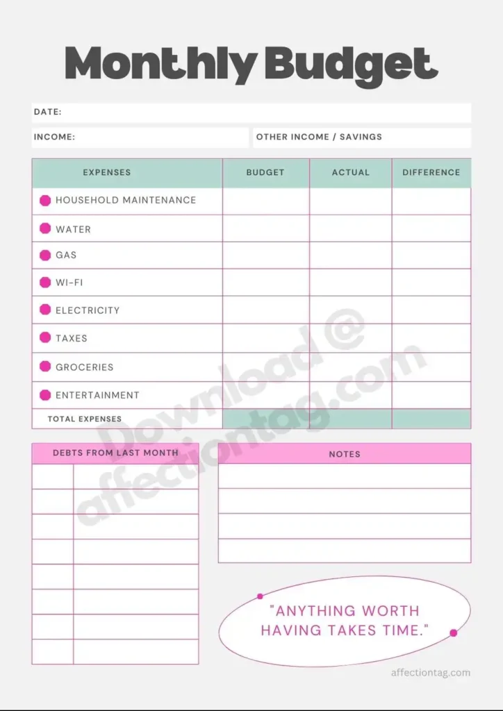 Classic monthly budget planner with a clean layout, offering areas for tracking income, bills, savings, and debts. Ideal for organized financial management. ©affectiontag.com