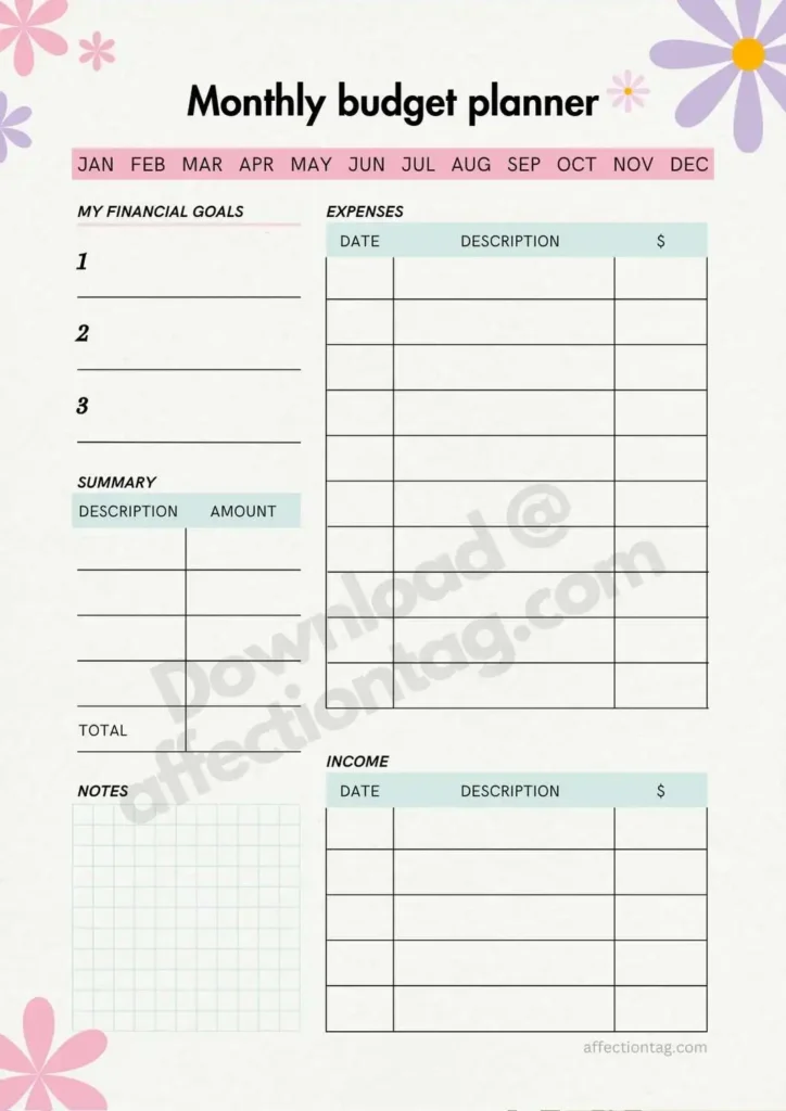 Monthly budget planner floral design