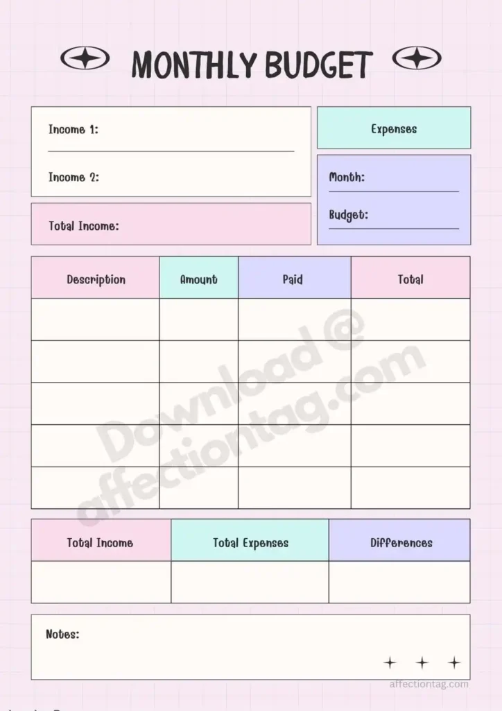 Expense-focused monthly budget planner featuring areas for fixed and variable expenses alongside a summary section. A great choice for prioritizing financial consistency. ©affectiontag.com